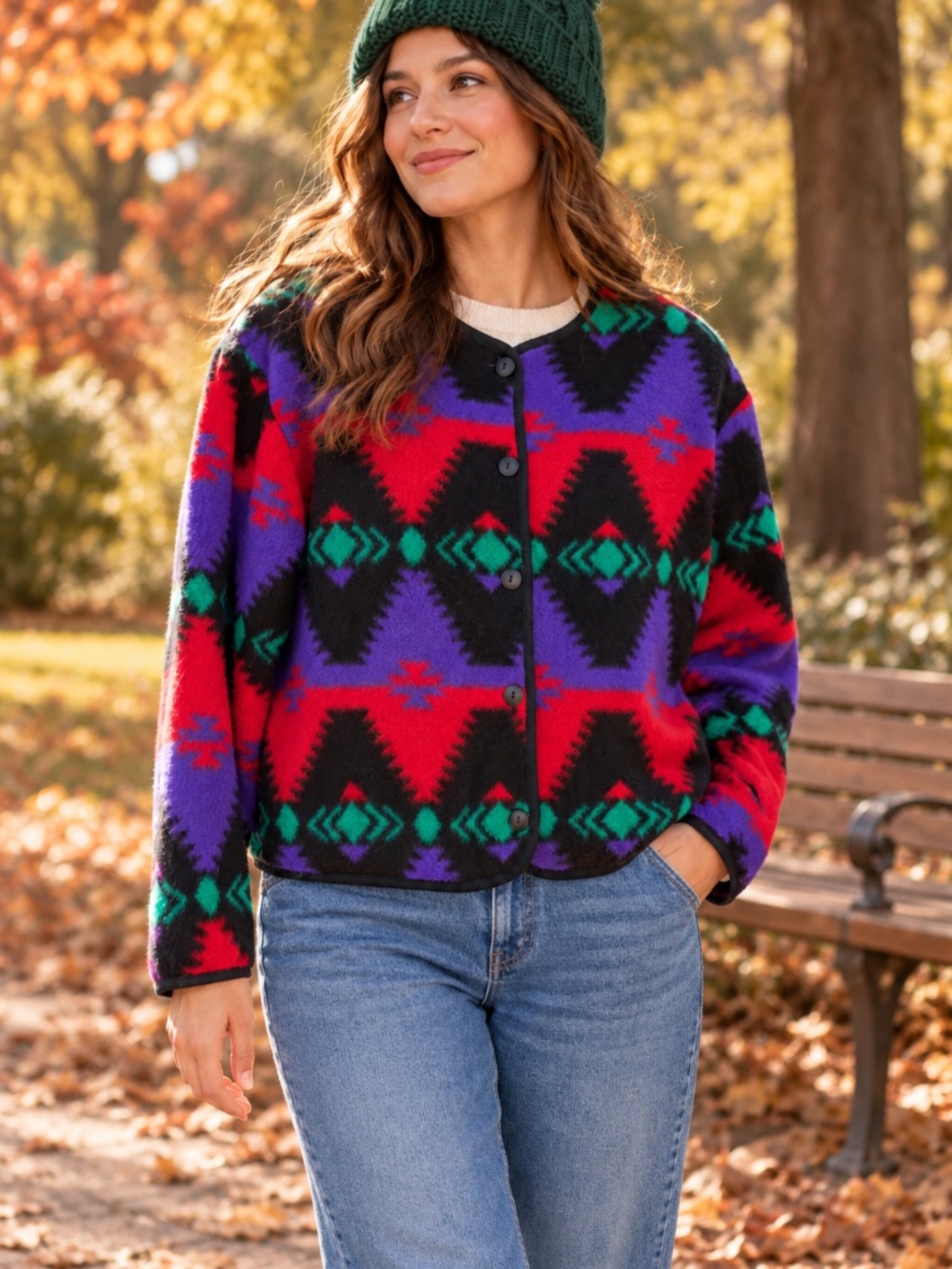 David Wayne Vintage 80's fleece Aztec print Cardigan, Med